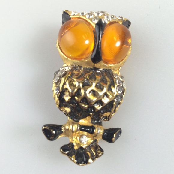 Vintage Rhinestone Owl Orange Cabochon Eyes Brooch