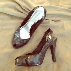 BCBG heels - pewter with button detail