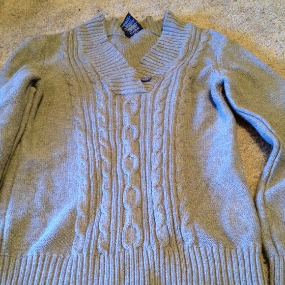 V-neck gray cable knit sweater