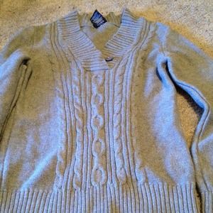V-neck gray cable knit sweater