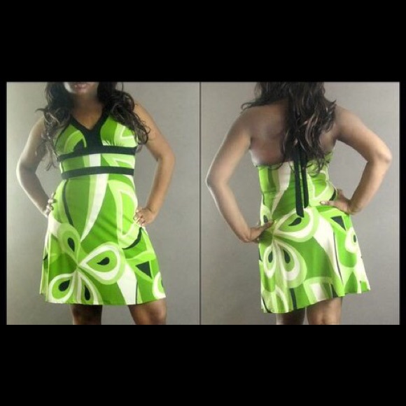 Green Black Multi Color Swirl Paisely Halter Dress - Picture 2 of 4