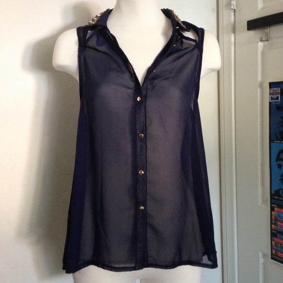 Sheer navy shirt with sequin collar