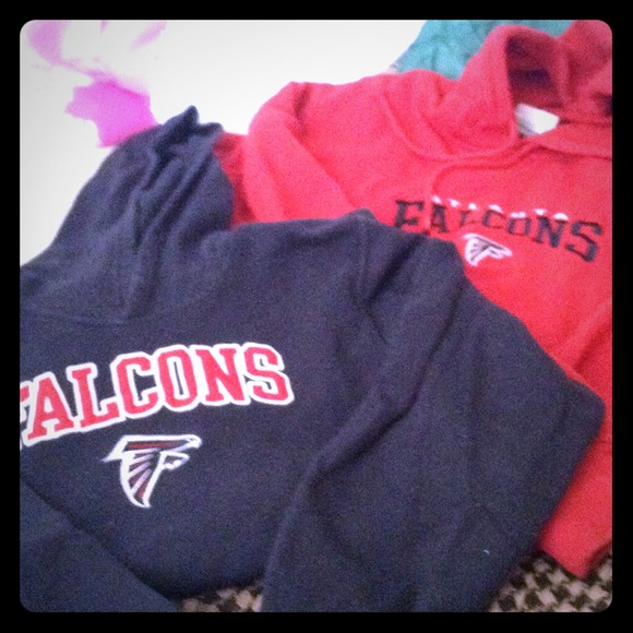 His and hers Atl Falcons hoodies red and black