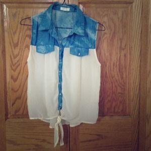 MINE sleeveless chiffon and chambray shirt