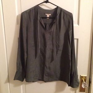 Olive/ slate grey silk tie neck blouse