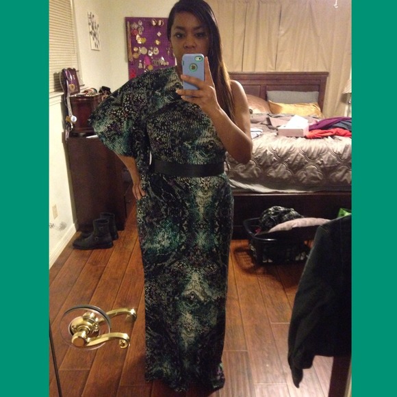 Belted Snake print maxi dress with one shoulder.