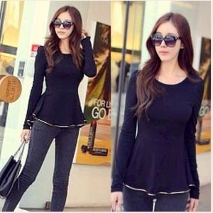 Long Sleeve Peplum in Black with Gold Trim NWOT