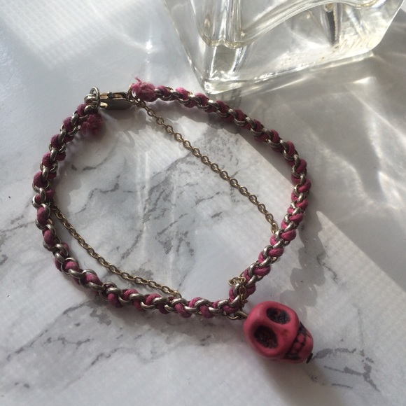 Madewell Pink Skull Double Gold Chain Bracelet