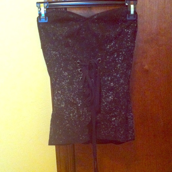 Black denim splatter-bleached corset.