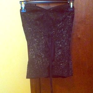 Black denim splatter-bleached corset.
