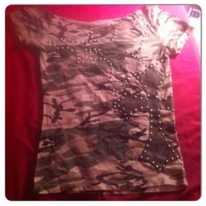 Camo off shoulder studded cross top