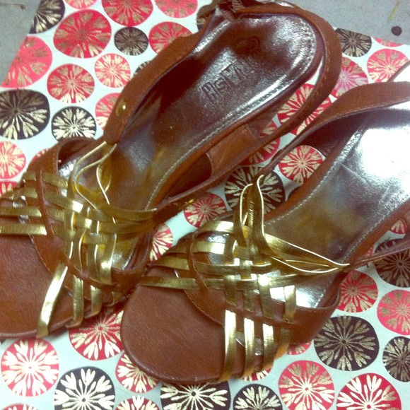 Brow and gold strappy wedge heels