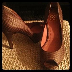 Vince Camuto peep toe pumps in sueded snake
