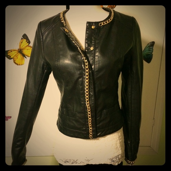 Black leather styled jacket with gold chain