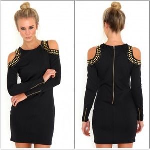 Black studded cold shoulder body con dress