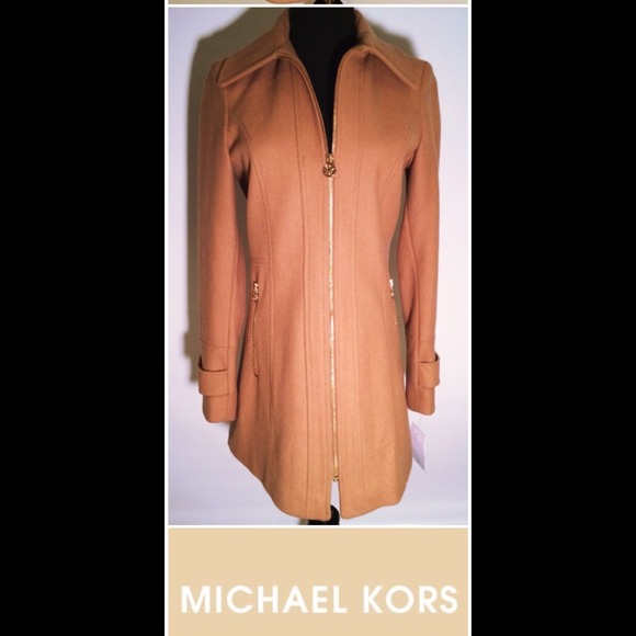 Michael Kors Camel Wool Coat, Gold Zip Front, XS - Picture 2 of 4