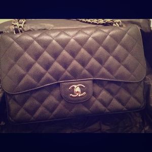 AUTH CHANEL Classic jumbo black caviar  with gold