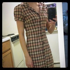 Simple brown plaid button up dress