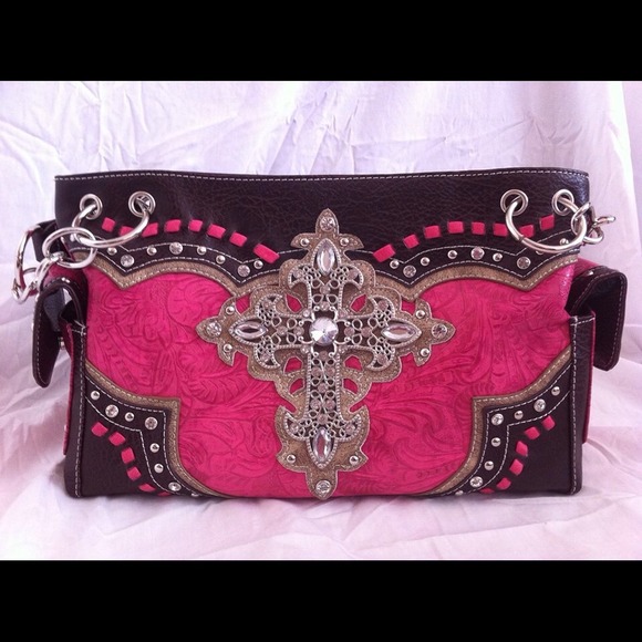 Hot pink with brown trim bling cross purse