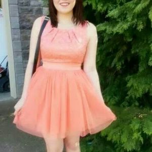 Coral, lace,and gold formal dress
