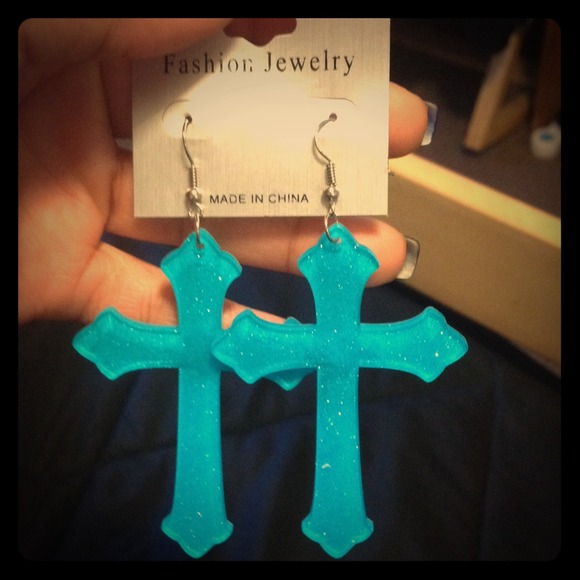 Blue Cross Sparkly Earrings 😍