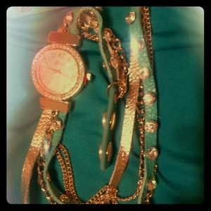 Geneva wrap watch turqoise and gold