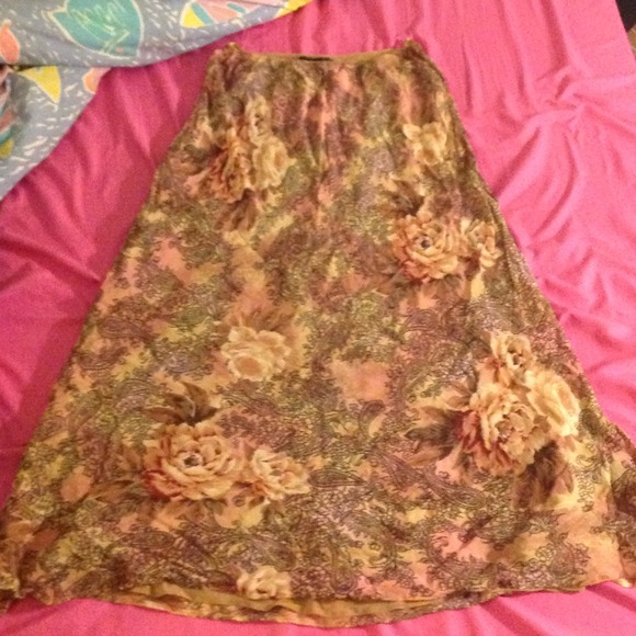 Floor length floral skirt.