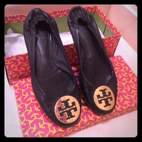 Black & Gold Tory Burch Reva Flats