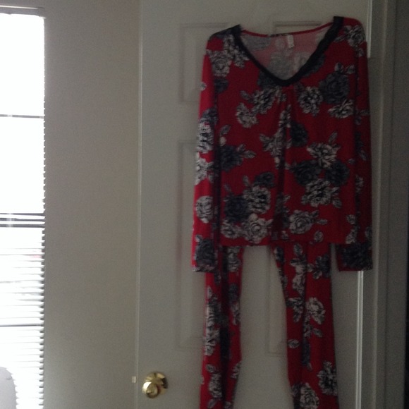 Red and black women's night dress top and bottom.