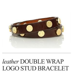 Tory Burch Leather Double Wrap Logo Stud Bracelet