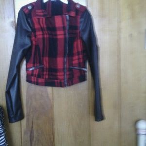 Red and black jacket.