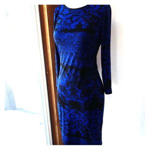 Black blue brocade long sleeve bodycon dress
