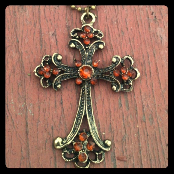 Brass cross with gems necklace - Picture 1 of 1