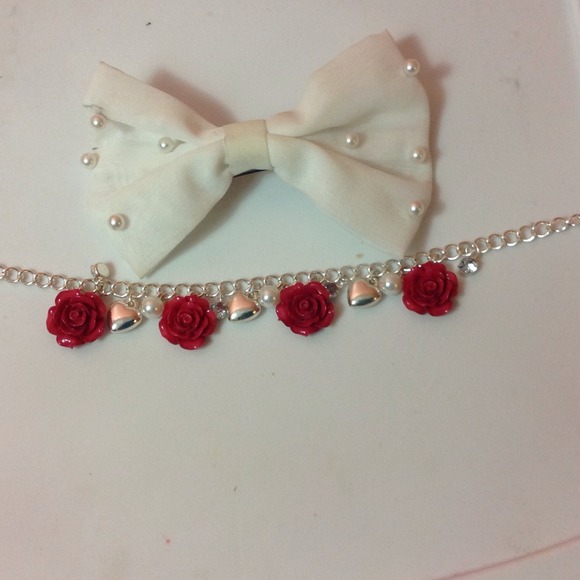 BUNDLE burgundy rose necklace and pearl bow