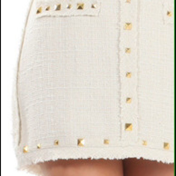Ivory Tweed Mini-Skirt with Gold Studs.