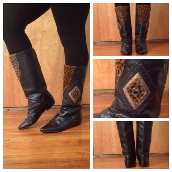 SOLD - Black Leather & Leopard boot Size 9 or 8.5