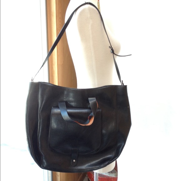 Large black leather duffel tote bag