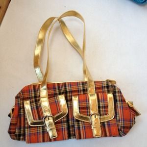 Orange brown gold plaid shoulder bag purse