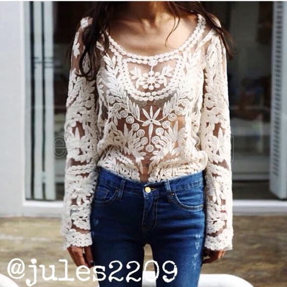 Tops - Floral Embroidery lace Top long Sleeve Beige