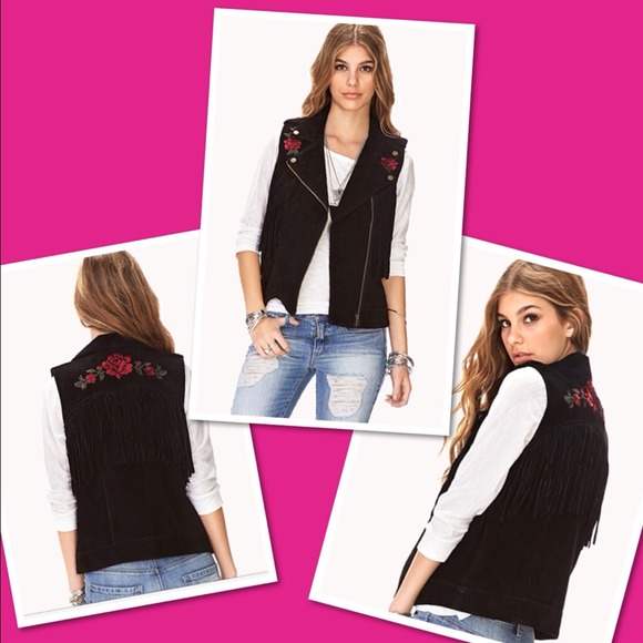 💙SOLD@CR💙Forever 21 Suede Rebel Rose Fringe Vest