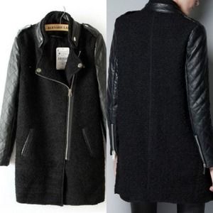 SOLD! Contrast Leather Quilted Sleeve Zipper Coat