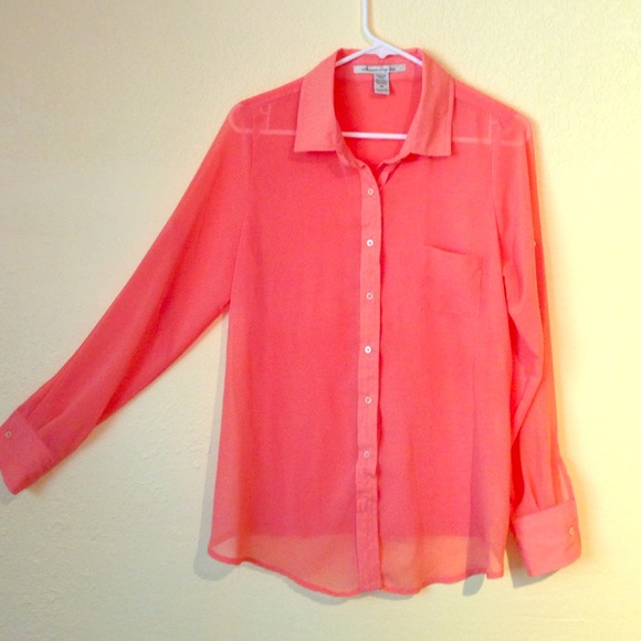 American Rag Tops - Salmon colored sheer button up long sleeve