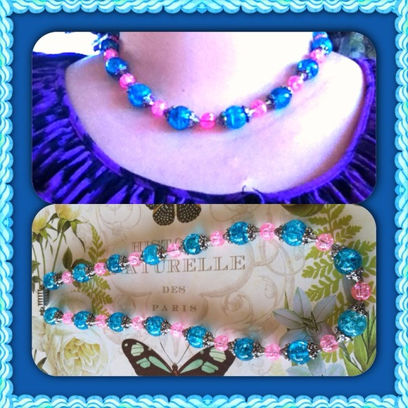 Pink & Blue Cracked Glass Necklace - Picture 3 of 4