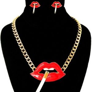 Glossy Red Lip W/Cigarette Necklace & Earring Set