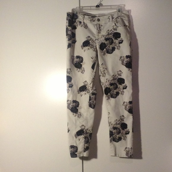 Floral skinny jeans, green, coral, and pink jeans.