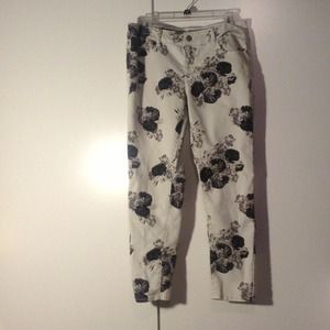 Floral skinny jeans, green, coral, and pink jeans.