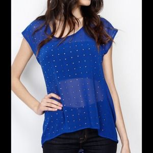 Hot Fix rhinestone High Low Chiffon Top in Blue