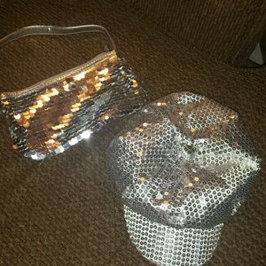 Shiny Silver sequence hat & purse