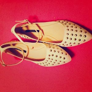 Forever 21 Ankle Strap Studded Flats in Cream