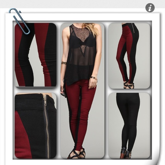 Red and black color block pants